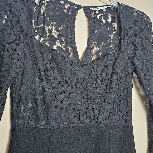 ZARA WOMAN BLACK COMBINATION LACE MIDI DRESS LONG SLEEVE SIZE S SEXY ROMANTIC - Picture 10 of 13